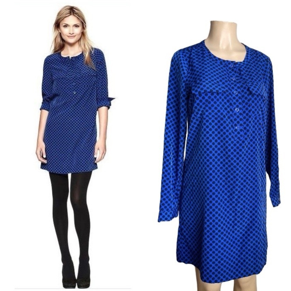 Gap Deborah Polka Dots Blue Black Shirt Dress Knee Shift Pop Over Long Pockets S